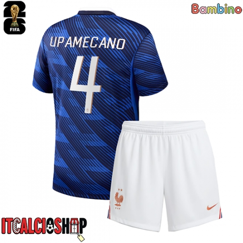 Francia Dayot Upamecano #4 Prima Maglia Bambino Mondiali 2026 Manica Corta (+ Pantaloni corti)